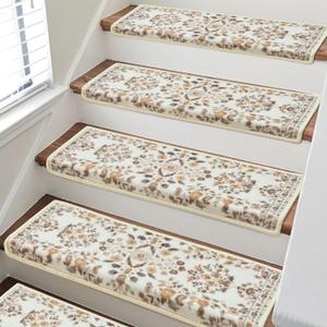 RORA Bullnose Stair Treads for Wooden Steps, Non Slip Stair Carpet 14pcs | Washable, Self-Adhesive, Floral Stair Rug Runner with Edge Protection for Indoor, Pets & Elder, 29.5 x 9.5x 1.7, Brown