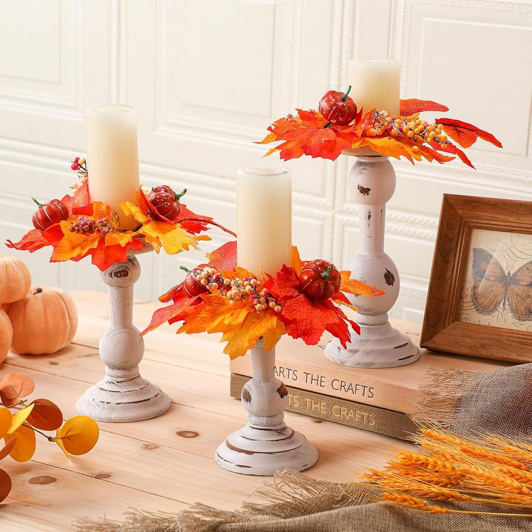 2 x Mumufy 6 Pcs Thanksgiving Rustic Wooden Candle Holders for Pillar Farmhouse Candles 3 Set Vintage Fall Table Centerpiece Decoration Thanksgiving Autumn Candlestick Ring Wreath for Dinning Room Kitchen