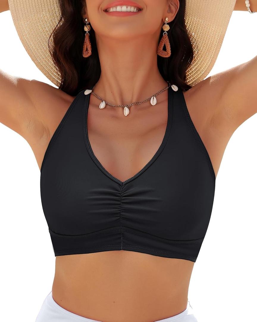 GRAPENT Bikini Tops for Women Ruched Cropped Tankini Tops Beach Adjustable Straps Bathing Suit Padded Swimwear Top Only (Small, Black)