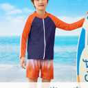 Boys Two Piece Swim Set Zipper Rash Guard Swimsuits Long Sleeve Bathing Suit for 4-12 Years (9-10 Years, Orange Graffiti)