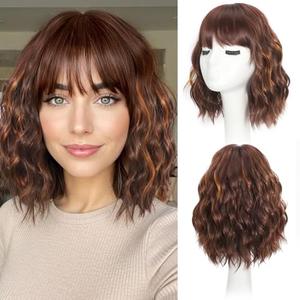 iAelev Wigs With bangs Brown Highlight 12 Inch Short Length Wigs for Women - Middle Part Synthetic Wavy Hair with Upgraded Strands, Natural Hair for Daily Party & Halloween Use