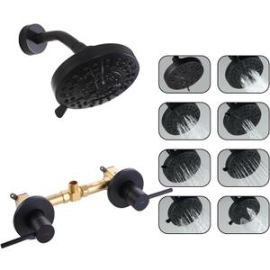 Matte Black 2 Handle Shower faucet Set, 8 Mode Shower Head Bathroom Shower Faucet Trim Kit with Rough-in Valve, Wall Mount