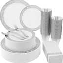 Count Silver Plastic Dinnerware, Silver Disposable Plates, Includes 30 Dinner & 30 Dessert Plates & 30 Cups & 30 Paper Napkins & 30 Plastic Silverware Set