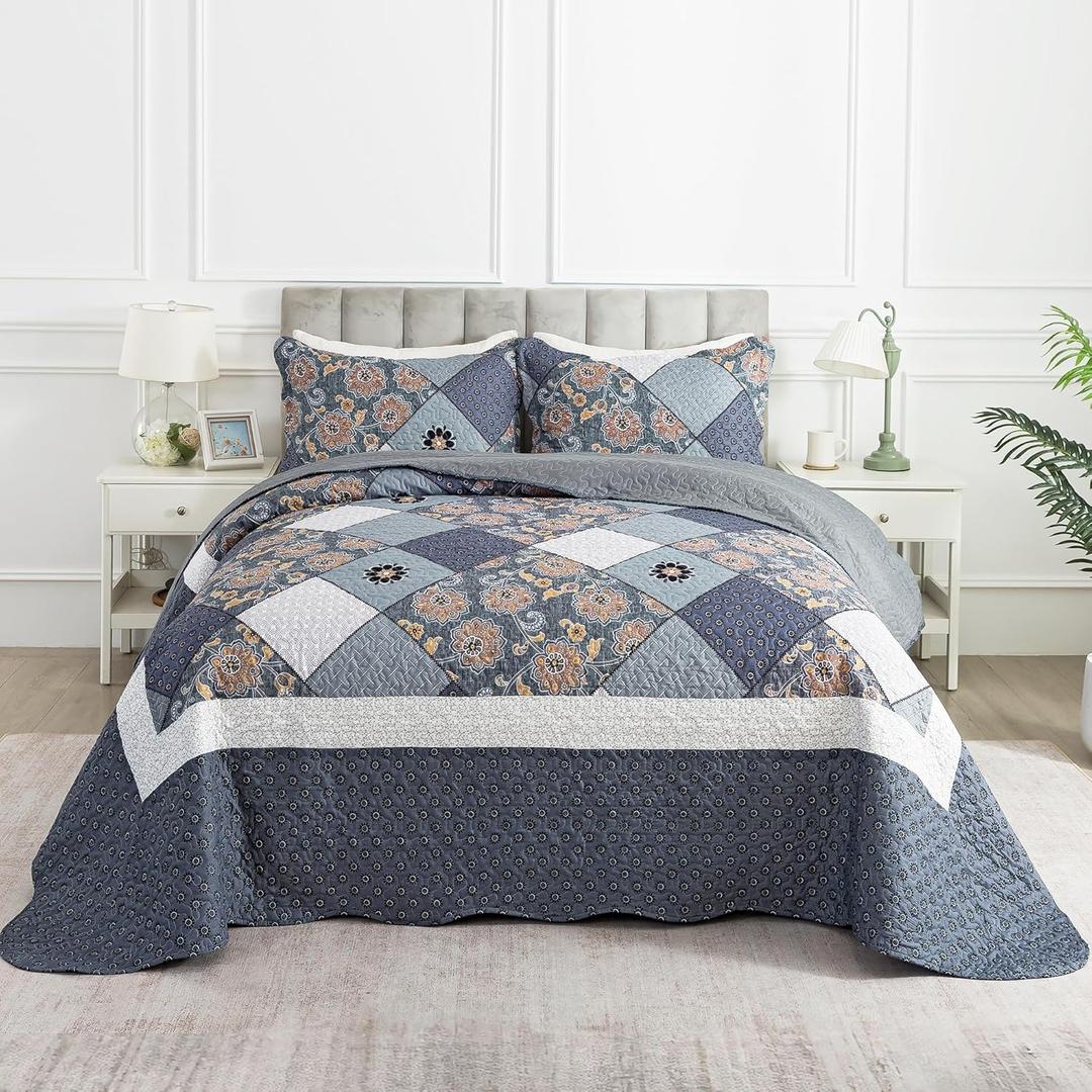 HoneiLife King Quilt Bedding Sets - 3 Piece Microfiber Quilt Set Rustic Bedspread Set Patchwork Coverlet Set for King Bed (King-106"x96", Black-grey)