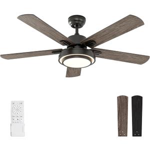 warmiplanet 52 Inch Ceiling Fan with Lights and Remote, Quiet DC Motor, Modern Flush Mount Indoor Ceiling Fan for Bedroom Living Room, 6 Speeds Reversible, Dimmable LED, Timer, Black