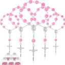 Yinkin 30 Pieces Baptism Rosary Mini Rosary Baptism Favors Finger Baptism Rosaries Pink Rose Shaped Beads Faux Pearls with 30 Organza Bags for Christening Weddings First Communion Party Favors