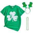 Wynato St Patricks Day Women Crewneck T-Shirt 3PCS Outfits lucky Charms Clover Sweatshirt Shamrock Headband Green Beads Necklace (US, Alpha, Large, Regular, Regular, Green Clover) (L)