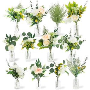 114Pcs Artificial Flowers in Vases Set, Fake Flower Greenery Stem Bulk Sets with 12Pcs Glass Bud Vases, Artificial Plants & Flowers for Wedding Centerpiece Table Decorations