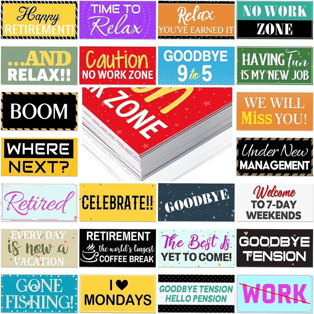 Beeveer 24 Designs Retirement Photo Booth Props Double Sided 11.02 x 5.51'' Photo Booth Props for Retirement Party Supplies Decorations DIY Water Proof Selfie Signs PVC Printing Party Favors