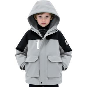 Boys Softshell Jacket with Magic Sleeve Patches Adjustable Hood Cuffs for Skiing Ages 6-16Y (14-16 Years, Eggshell & Black)