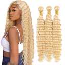 613 Bundle Human Hair Bundles Blonde 14 16 18 Inch Blonde 613 Color Deep Wave Bundles Human Hair Blonde Bundle Unprocessed Brazilian Virgin Quick Weave Hair for Black Women
