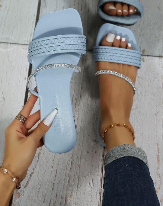 European And American Style Handwoven Striped Rhinestone Flat Sandals For Women, Lightweight, Comfortable, Anti-Slip, Durable Size 40