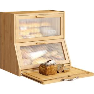 BMOSU Double-Layer Large Bread Box with Cutting Board for Kitchen Countertop Bread Box With Frosted Glass Window Bamboo Bread Box(Natural)
