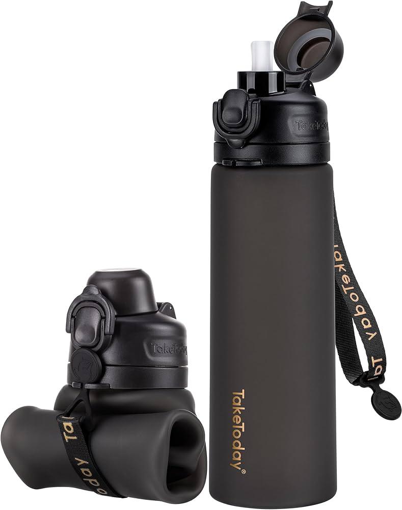 Collapsible Water Bottles, Leak Proof, BPA-Free, Foldable Silicone Travel Water Bottle with Straw Strap for Cycling, Hiking, Outdoors 21oz 