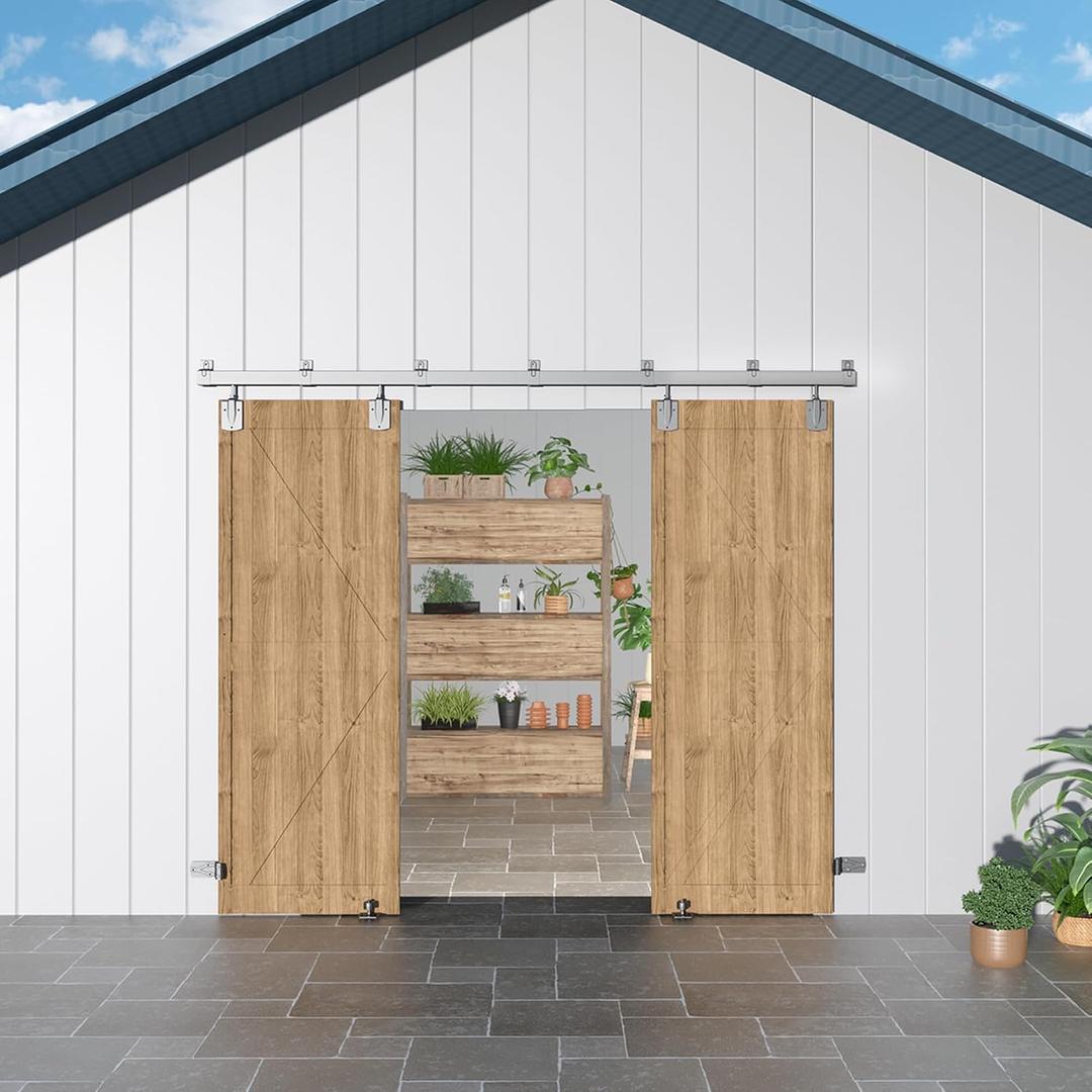 12FT Heavy Duty Box Rail Exterior Barn Door Hardware Kit, Sliding Door Hardware, Outdoor Barn Door Hardware Kit for 2 Doors(Door not Include), 450 lbs Capacity, Silver