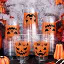 Meanplan 90 Pcs 12 oz Halloween Plastic Party Cups Disposable Clear Scary Printed Happy Halloween Cups for Liquor Coffee Juice and Hot Cold Drinks Party Supplies(Cute Style)