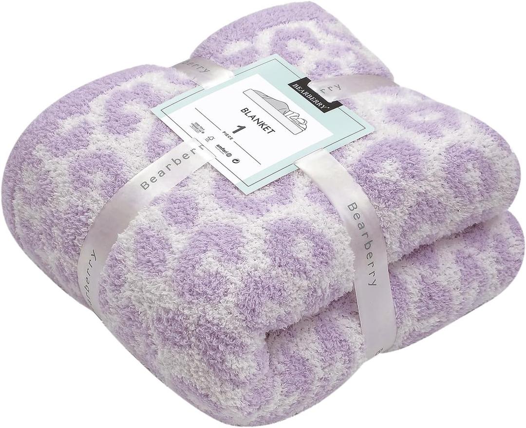 bearberry Fuzzy Leopard Knitted Throw Blanket Soft Cozy Warm Microfiber Blanket for Couch Sofa Bed Travel (Purple/Cream, 51"x70")