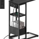 C Shaped End Table with Charging Station, Small Side Table for Couch Recliner, Slide Under Sofa Desk Snack Tables with Storage Bag & AC / USB Outlet, Small Spaces Drink Tables for Living Room, Bedroom