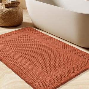 Upgrade Waffle Bath Mat, Boho Bathroom Rugs Absorbent Non Slip, Ultra Soft Bathroom Mat, Machine Washable Knit Bath Rugs with Tassels for Bathroom, Bedroom, Kitchen,Shower,Tub, 36"x24", Burnt Orange