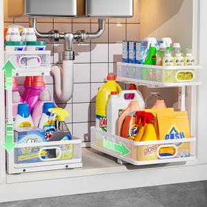 Under Sink Organizer, High Adjustable 2 Tier Under Sink Organizers and Storage, Slide Out Metal Cabinet Organizers, Pull Out Sink Storage Drawer Shelf for Kitchen Bathroom Cabinet, White, 2 Pack