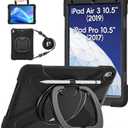 BATYUE iPad Air 3rd Generation Case 2019 / iPad Pro 10.5 inch Case 2017; Rugged Heavy Duty Protective Cover with Pencil Holder, 360 Swivel Stand, Shoulder Strap; for Kids (Black)