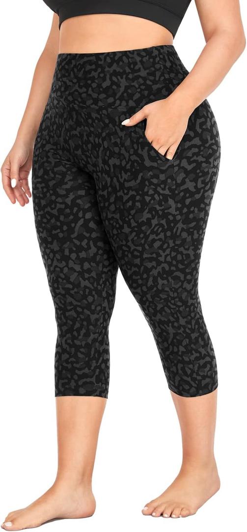 MOREFEEL Capri Plus Size Leggings for Women with Pockets-Stretchy XL-4XL Tummy Control High Waist Workout Black Yoga Pants (3X-Large Plus, 11 Leopard Print)