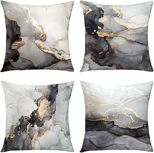 GALMAXS7 Marble Texture Black and Gold Silver Decorative Throw Pillow Covers Luxury Abstract Fluid Art Ink Soft Velvet Pillow Case Square Cushion Covers for Couch Living Room 20 x 20 Inch, Set of 4