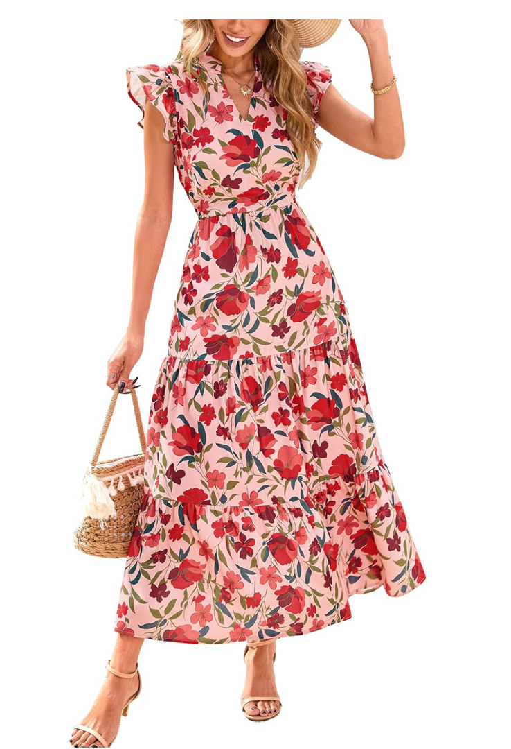 Women's 2025 Summer Floral Midi Dress Cap Sleeve V Neck Ruffle Long Flowy Boho Casual Beach Vacation Dresses
Size XL