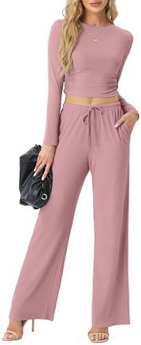 FREEOAK Women's Two Piece Outfits Lounge Sets Long Sleeve Ruched Top & Wide Leg High Waist Pants with pockets Size XL