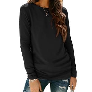 ATHMILE Long Sleeve Spring Shirts Women Plus Size Casual Crewneck Fitted Boat Neck Tops Womens Fall Outfits Fashion Clothing 2026 Black 2XL