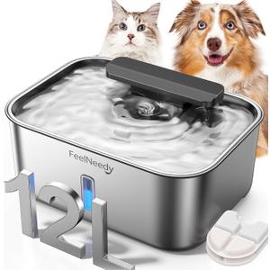 3.2Gal/12L Dog Water Fountain for Large Dogs, Stainless Steel Dog Water Bowl Dispenser with Deeper & Wider Drinking Area, FEELNEEDY Automatic Pet Fountain with Window & LED Light