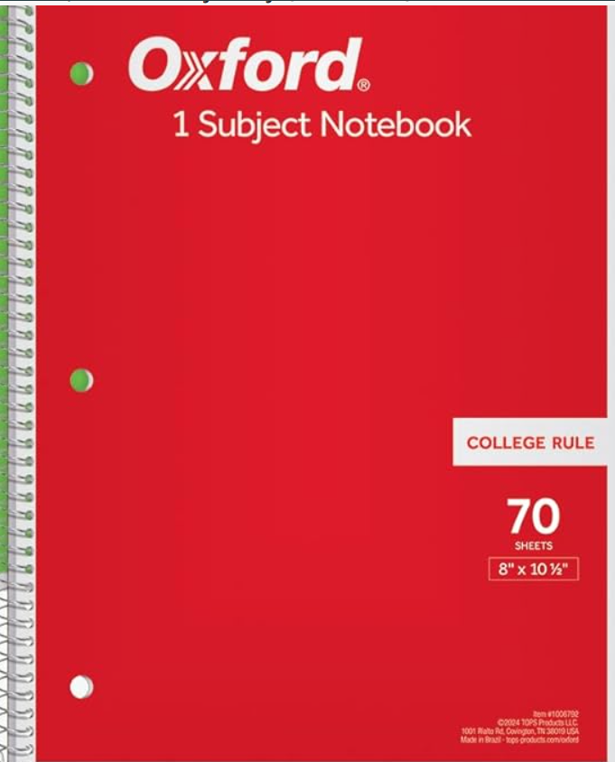 Oxford 1-Subject Notebook, 8 x 10-1/2, College Rule, 70 Sheets (65022)