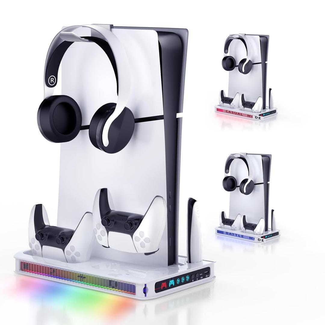 ZYTHRONE PS5/ Slim/Pro Cooling station with Fast Contoller Charger for PlayStation 5 Disc & Digital Console Stand, RGB Light, Quiet Cooling Fan, Headset Holder