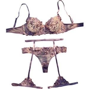SOLY HUX Women's Floral Embroidered Push Up Lingerie Underwire Bra Panty with Garter Belt Nightwear