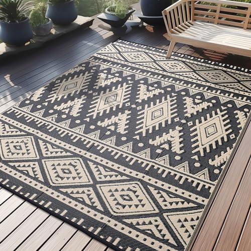 OLANLY Outdoor Rug Waterproof 6x9 ft, Reversible Outdoor Plastic Straw Rug, Boho Patio Rug, Indoor Outdoor Carpet, RV Mat Outside for Patio, Camp, Picnic, Balcony, Deck, Backyard, Black & Beige