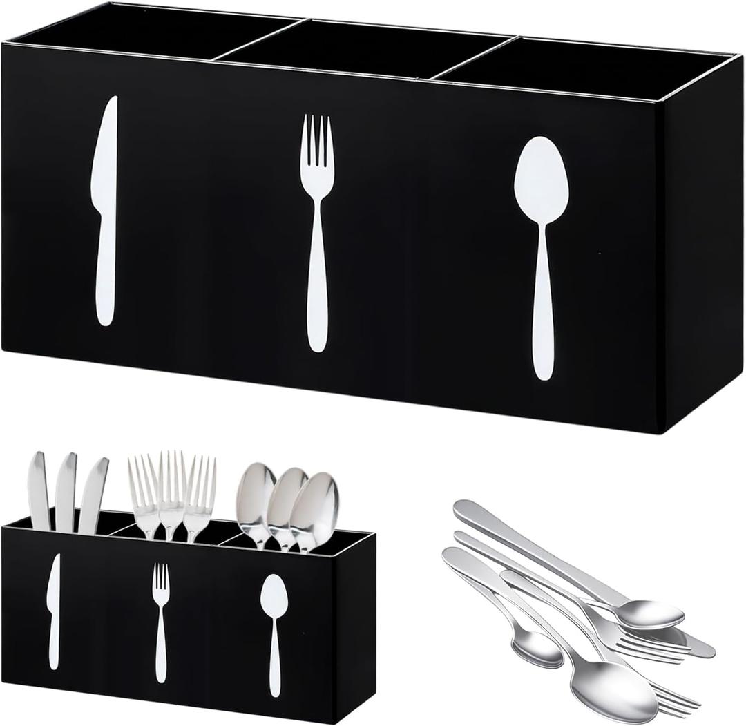 JEPELUS Black Utensil Holder for Kitchen Counter Cabinet, 3 Compartments Flatware Caddy for Knife Spoon Fork, Plastic Silverware Organizer Pen Holder for Desk