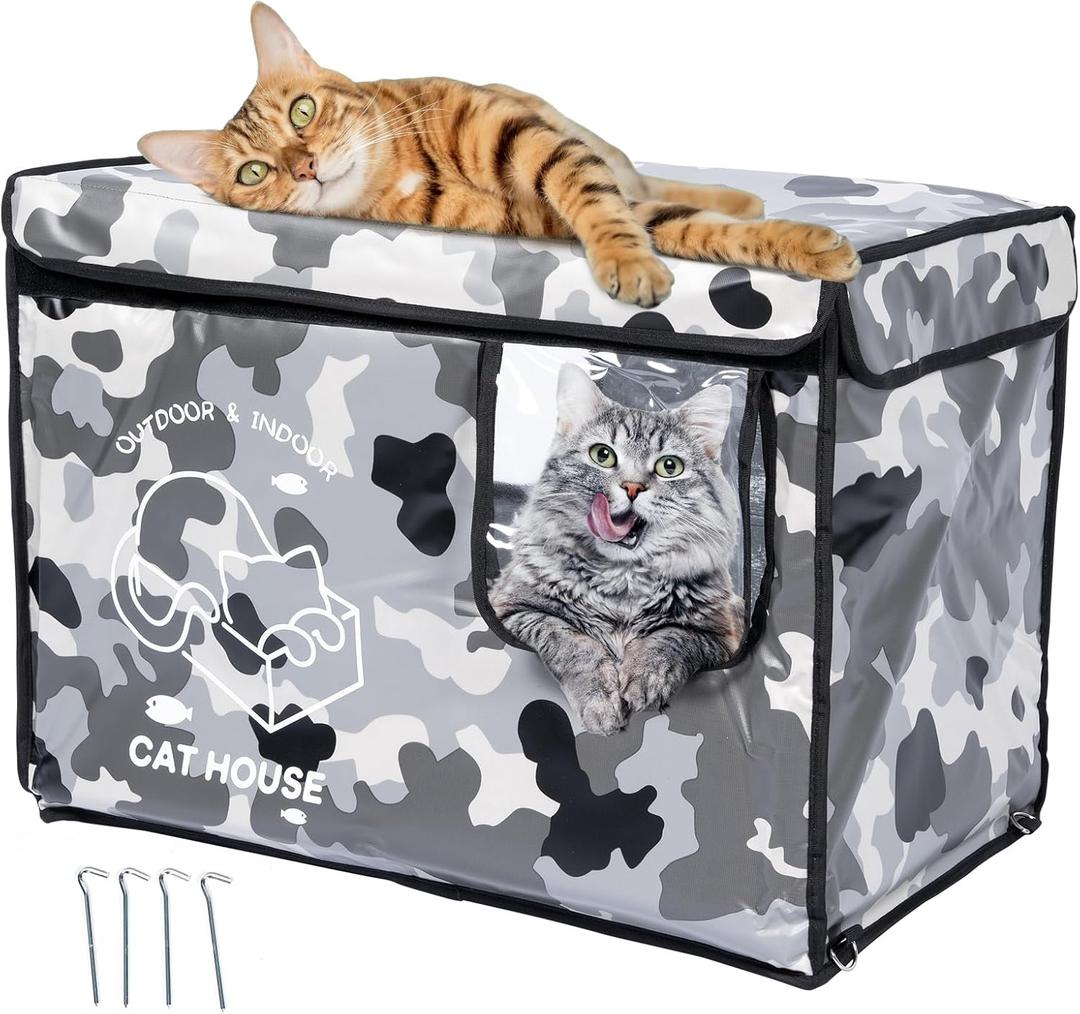 Indestructible Cat House Outdoor with Two-Sided Escape Door, Insulated and 100% Waterproof, Outside Weatherproof Feral Cat Shelter for Winter, Oxford Cloth Upgraded(Camouflage, L) 15.7"D x 26"W x 18"H