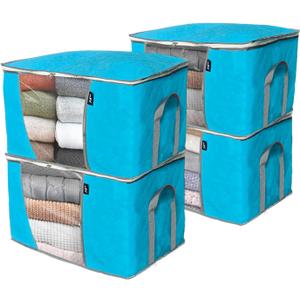 WFK handbag 4-piece set, foldable thick fabric storage bag, used for organizing bedrooms, wardrobes, and wardrobes; Can store clothes, blankets, plush toys, blue