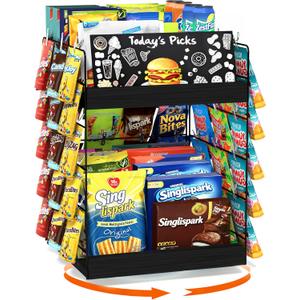 Chip Rack Display Stand, 6 Tiers 50 Clips Snack Organizer, 360 Rotating Wood Base Candy Display Rack, Portable Retail Display Shelf for Countertop, Office, Store, Kitchen, Party