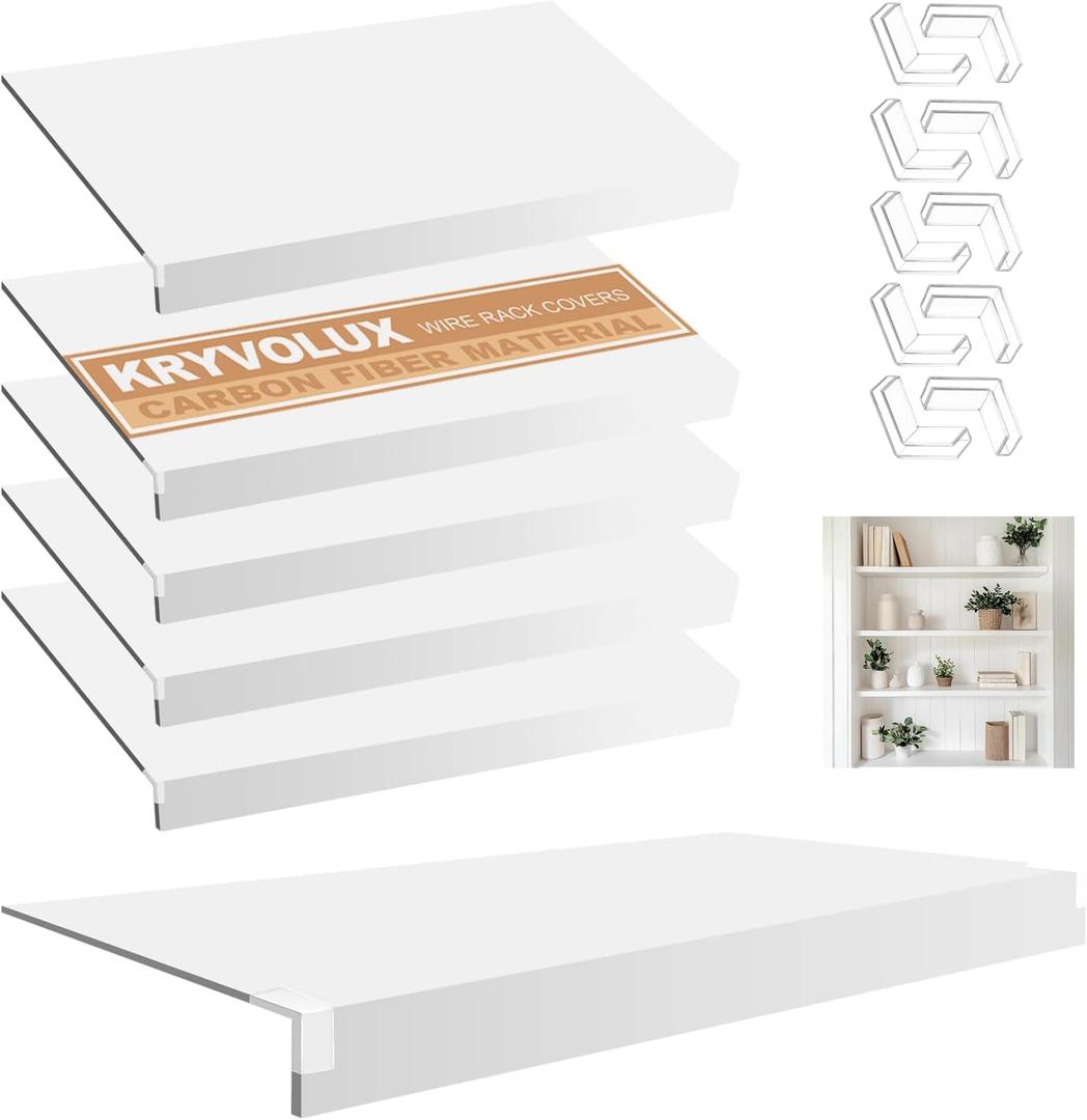 5 Pcs Wire Rack Covers Carbon Fiber Material 32x12x3 inch Pantry Shelf Cover 0.31 inch Thick Removable Closet Wire Rack Shelf Covers,Decoration Kitchen Bathroom Office Shelving (White, 32x12x3 inch)
