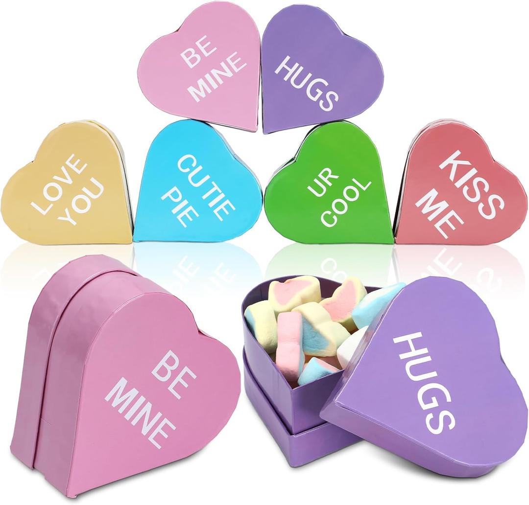 Resurhang 6pcs Conversation Heart Boxes for Valentine's Day, 4 Inch Candy Heart Gift Box Set Bulk Hugs Be Mine Love You Kiss Me Design Valentine Party Classroom Exchange Favors Portable Snack Sharing