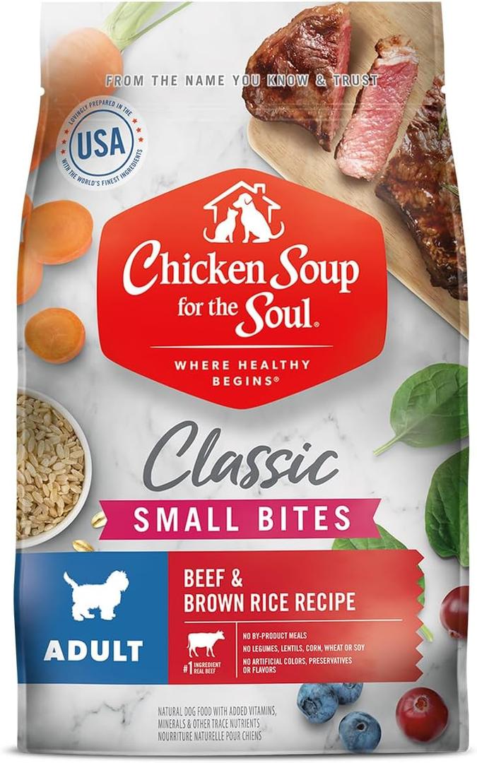 Chicken Soup for the Soul All Natural Premium Small Bites Adult Dry Dog Food, Real Meat First Ingredient, No By-Products, Supports Gut & Immune Health, Beef & Brown Rice, 4.5lb (EXP 12/12/25)