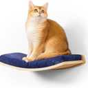 Curved Cat Shelves and Perches, Floating Cat Wall Bed with Comfortable Cushion (Wood Shelf+Bule Cushion)