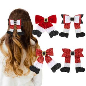 Semato 4 Pcs Christmas Hair Clips for Women and Girls Glitter Sequins Christmas Bow Clips Xmas Red and Green Glitter Hair Accessories Xmas Party Gifts for Women (red+white+black)