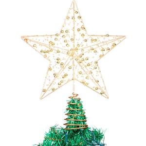 JOIEDOMI 9.5inch Metal Beaded Christmas Star Tree Topper, 20LED Warm White Lights Golden Tree Topper, USB Powered Remote Control for Christmas Tree Decorations Home Holiday Party Indoor Decor