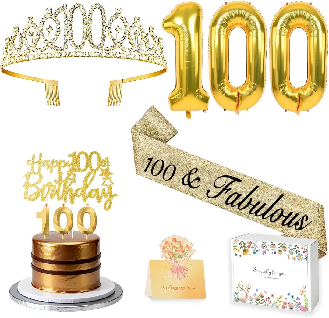 100th Birthday Decorations for Women with 100th Birthday Sash and Crown, Number Balloons, Birthday Card, Cake Topper and Candles, Happy 100 year old Female Gifts for Her, Gold