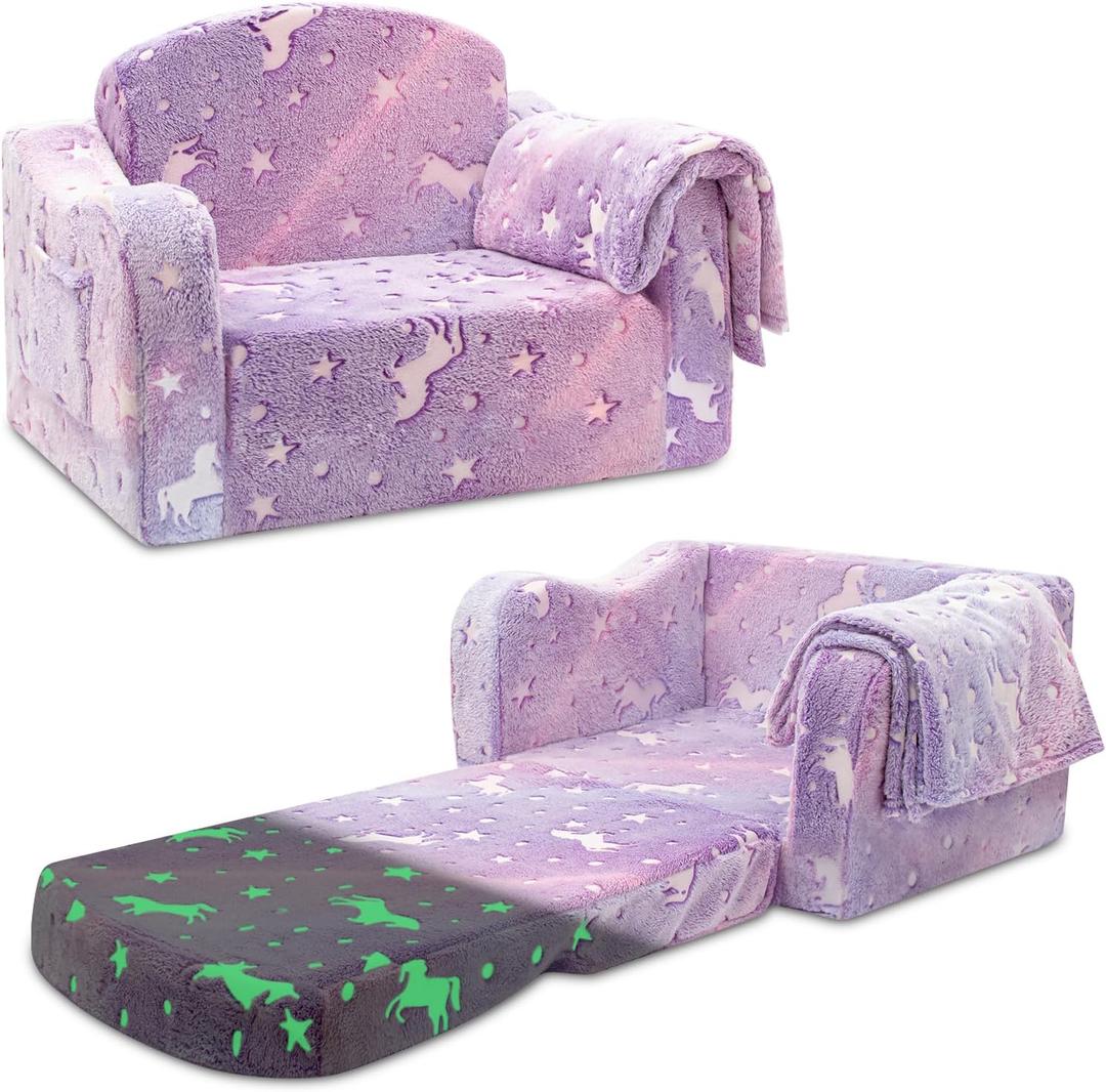 Airpanda Comfy Toddler Couch and Chair for Kids with Blanket, 2-in-1 Soft Plush Fold Out Kids Sofa Chairs for Girls and Boys, Convertible Sofa to Lounger for Playroom (Purple)