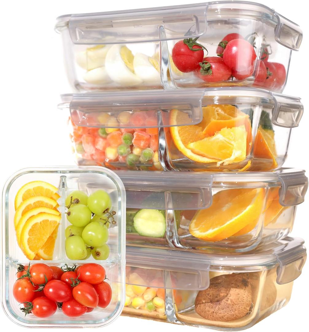 5-Pack Glass Storage Containers,Glass Food Container with Lid,Lunch Box,Bento Box,Storage Box,Meal Prep Containers,Lunch Containers,Fruit Preservation Boxes,Three-partition-Light Gray (3 Compartment)
