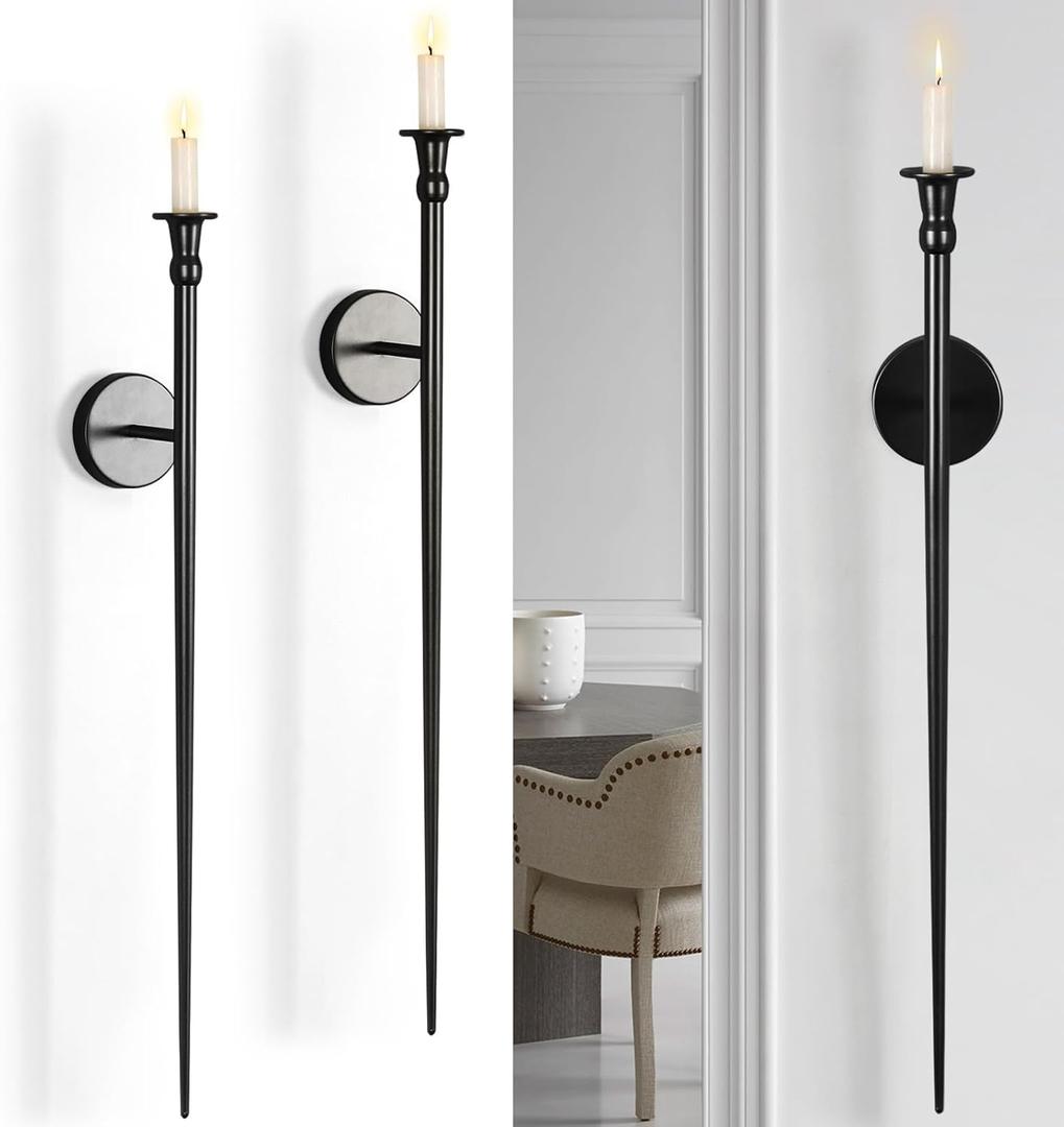 Candle Sconces Long Wall Candle Holder Set of 2 Black Long Wall Candle Sconce Retro Metal Sconces Candle Holder Decoration for Dining Room, Living Room, Bathroom, Office