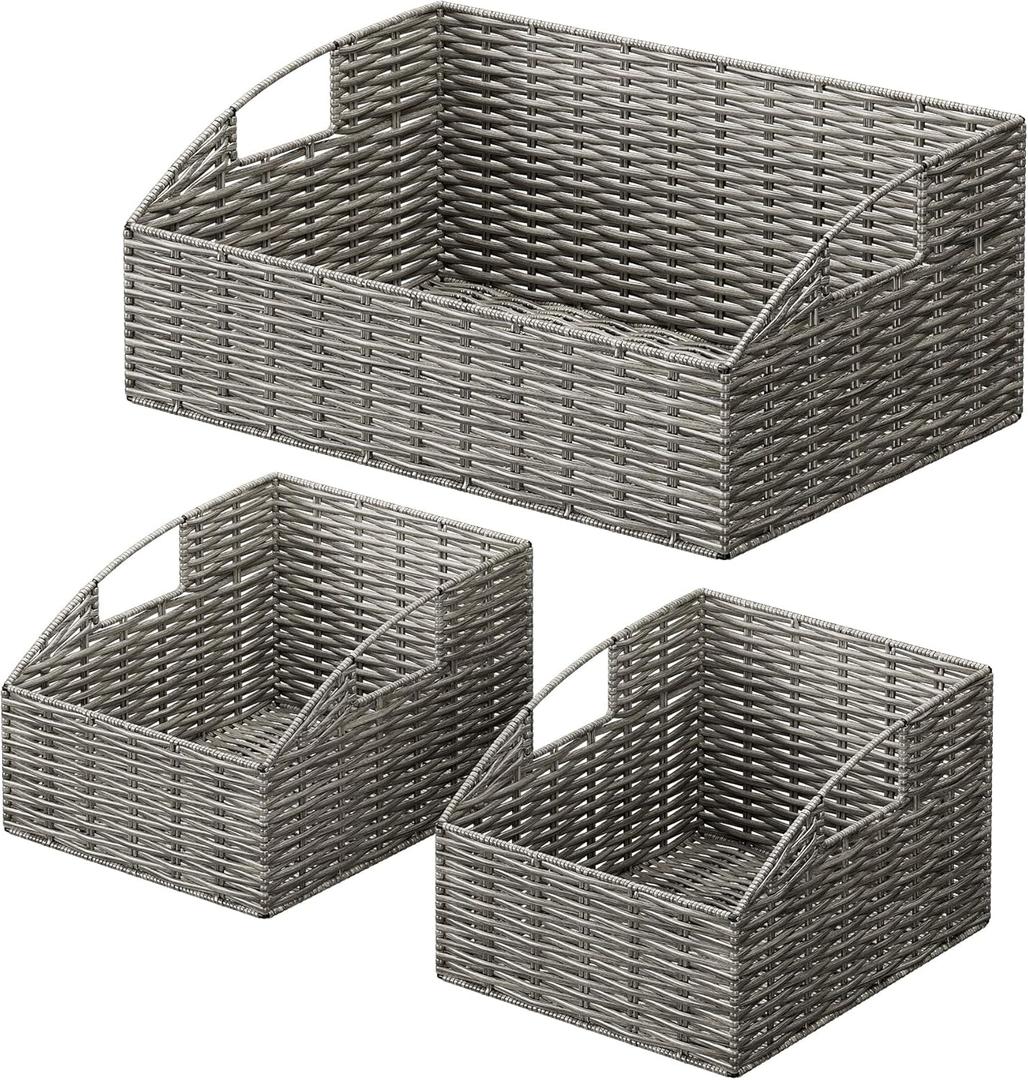 Rattan Storage Baskets, Handwoven Wicker Storage Bins with Built-in Handles, Storage Container Baskets for Shelves, Bedroom, Bathroom, Laundry Room or Kitchen(Grey) 11"D x 16.3"W x 6.7"H